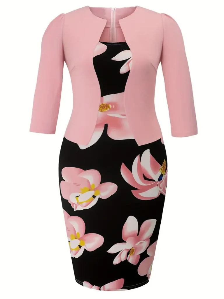 2 Elegante Jurk In Grote Maten Dames Plus Colorblock Bloemenprint Halve Mouw Ronde Hals Slim Fit 2 In 1 Jurk